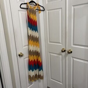 EROW Pleated Maxi Dress Chevron Sleeveless High Neck Shoulder Tie Multicolor M
